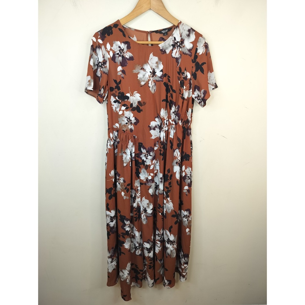 Simply Vera Wang Floral Midi Dress Medium Elastic Waist Brown Short Sleeve